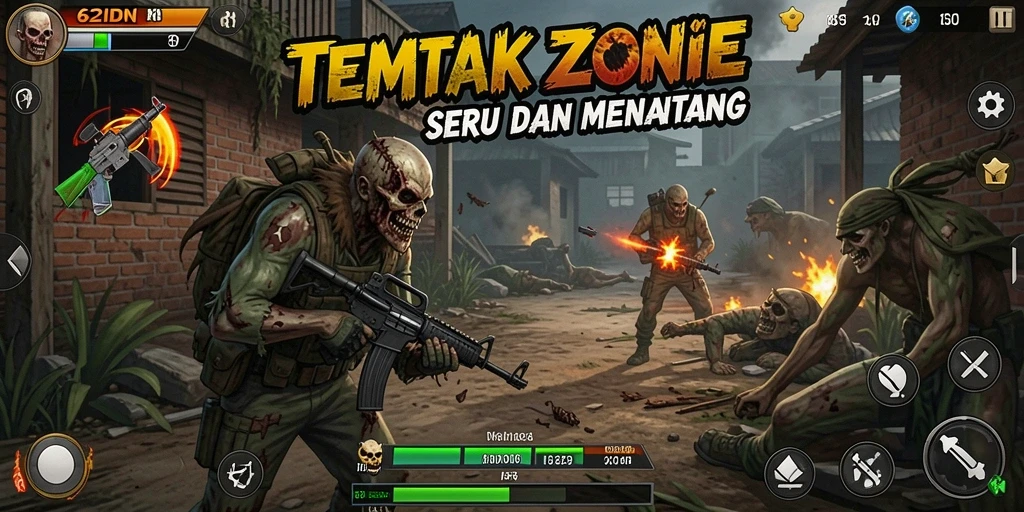 Tampilan antarmuka dan aksi seru dalam Tembak Zombie.