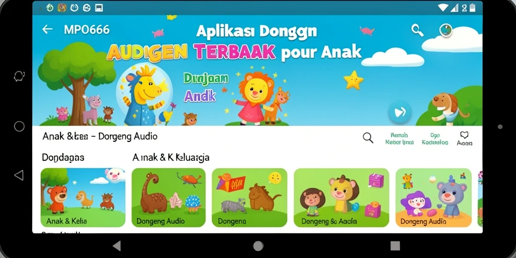 Tampilan antarmuka aplikasi Dongeng Audio yang ramah anak.