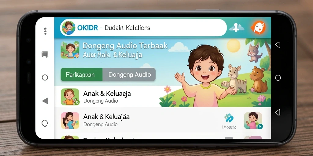 Antarmuka menarik aplikasi OKIDR untuk Dongeng Audio.
