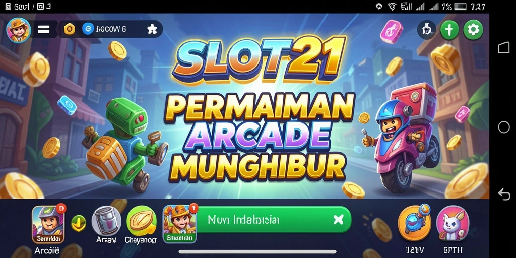 Screenshot SLOT21 menampilkan grafis permainan Arcade yang berwarna-warni dan menarik.